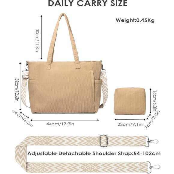 Women Khaki Corduroy With Polyester Fiber Lining Shoulder Handbag with Pouch - Picture 6 of 8